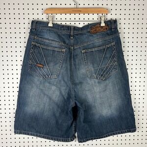Akademiks Dark Wash Size 38 Denim Shorts Blue Jean Baggy Y2K Embroidered Hip Hop